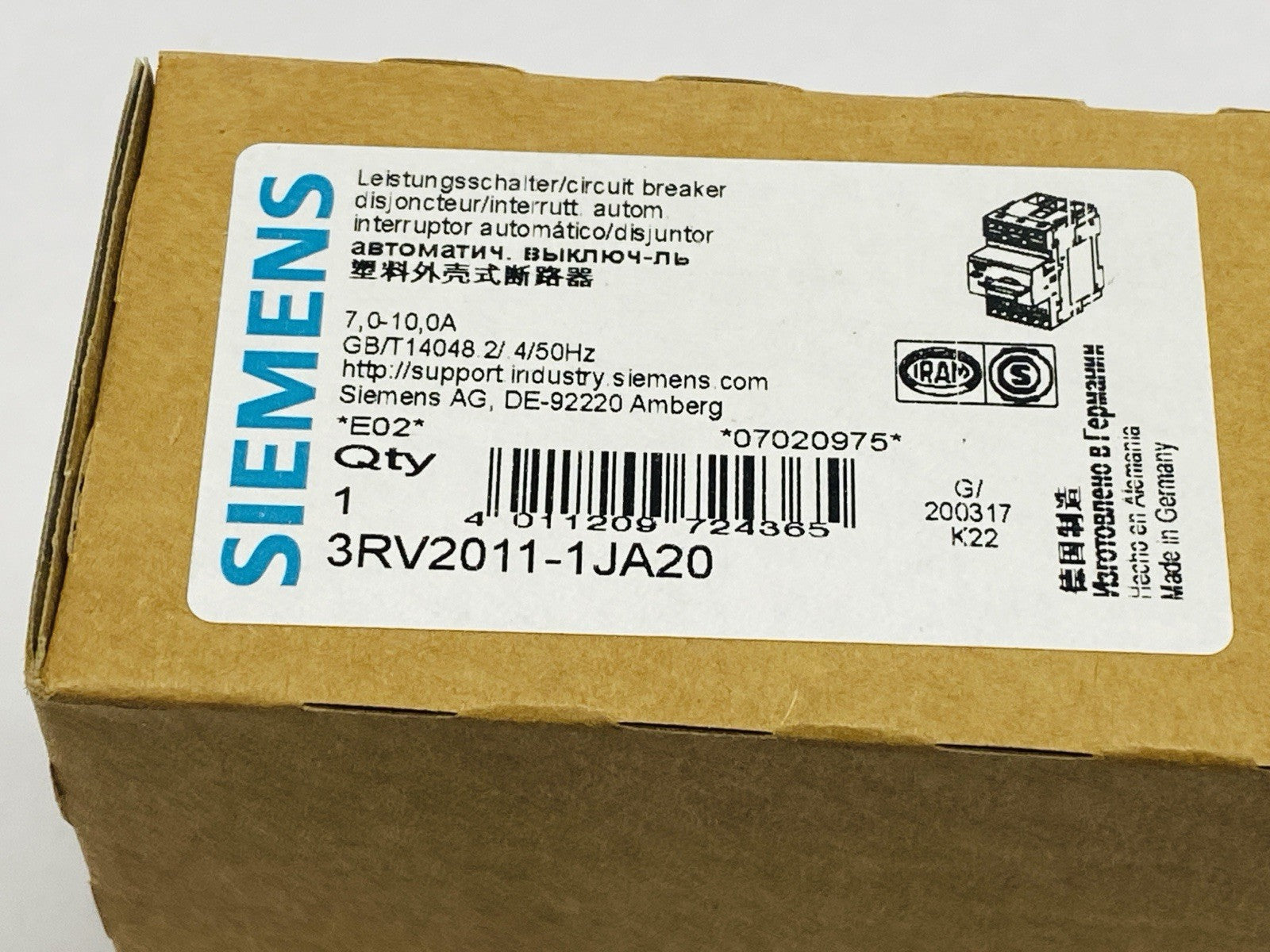 Siemens 3RV2011-1JA20 SIRIUS Motor Protector Circuit Breaker 7-10A 600V - Maverick Industrial Sales