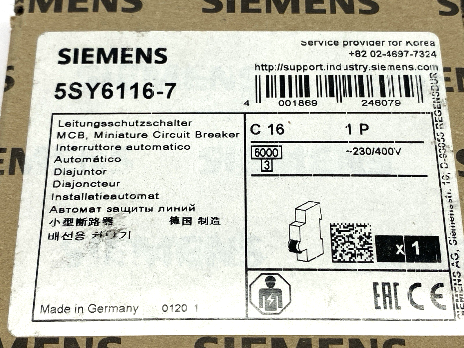 Siemens 5SY6116-7 Miniature Circuit Breaker 1-Pole 230/400V 16A - Maverick Industrial Sales
