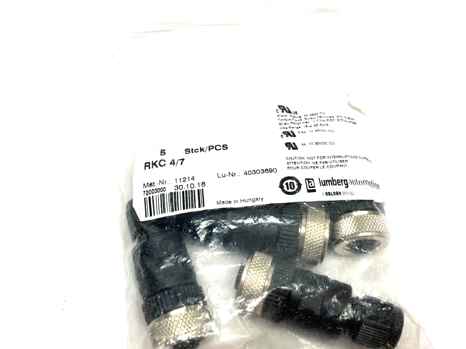 Lumberg Automation RKC 4/7 Field Attachable Connector M12 4-Pin 11214 PKG OF 5 - Maverick Industrial Sales