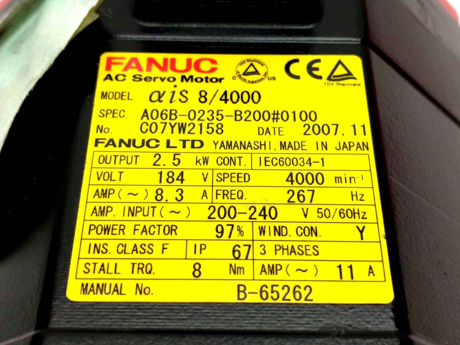 Fanuc A06B-0235-B200#0100 AiS 8/4000 AC Servo Motor 3PH 2.5kW 200-240V C07YW2158 - Maverick Industrial Sales