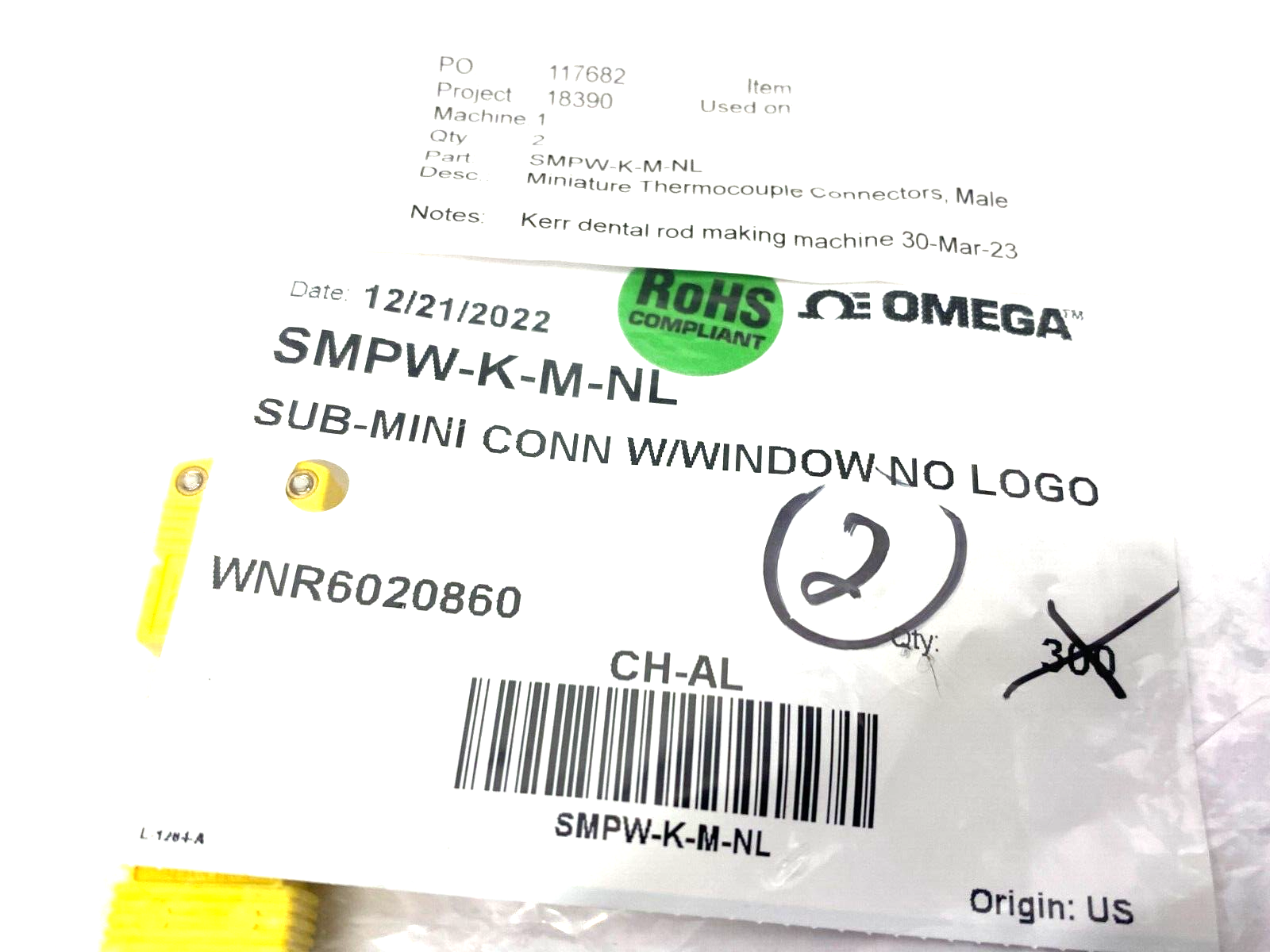 Omega SMPW-K-M-NL Sub-Mini Connector Thermocouple w/ Window Male PKG OF 2 - Maverick Industrial Sales