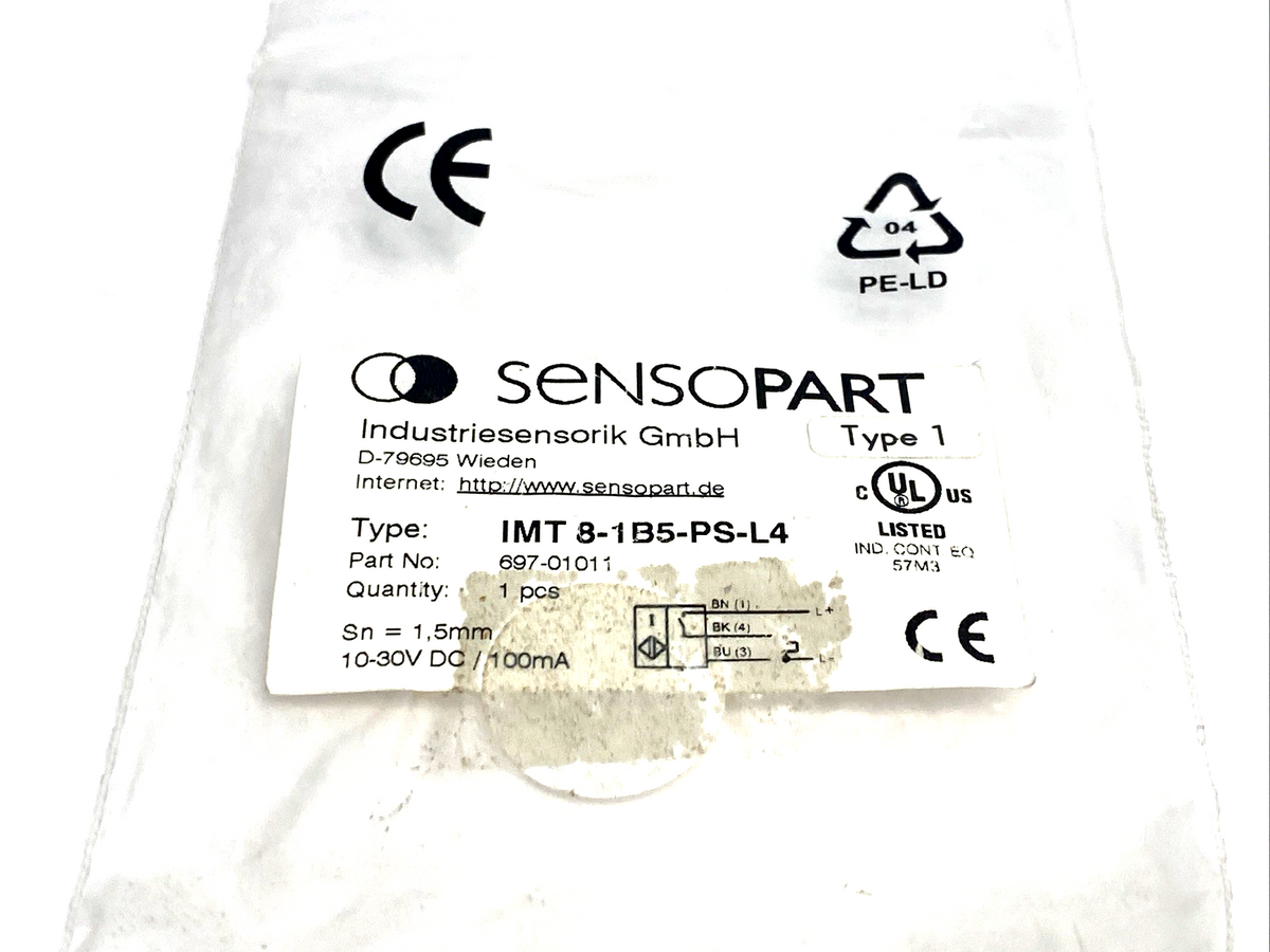 697-01011 | SensoPart Inductive Sensor M8 Body M12 Connector IMT 8-1B5-PS-L4 - New – Open box - Maverick Industrial Sales