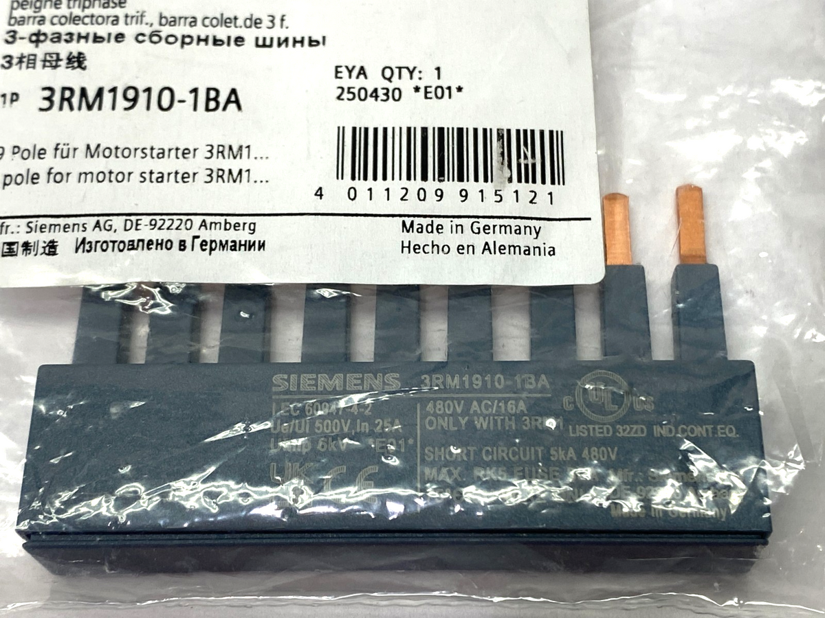 Siemens 3RM1910-1BA Busbar 3-Phase, 9-Pole for 3 Motor Starters - Maverick Industrial Sales