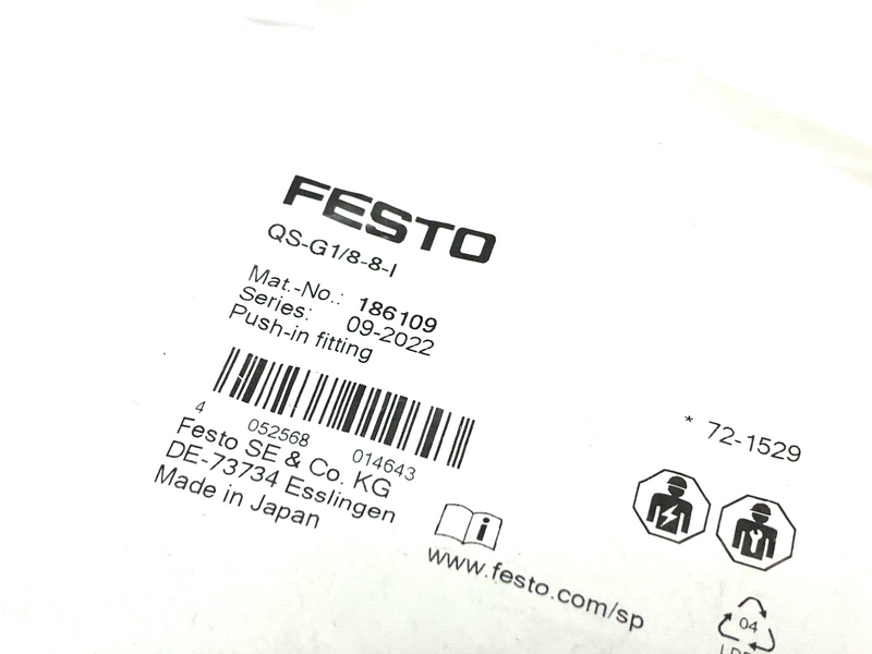 Festo QS-G1/8-8-I Push-In Fitting Male Thread 8mm OD Tube 186109 LOT OF 10 - Maverick Industrial Sales