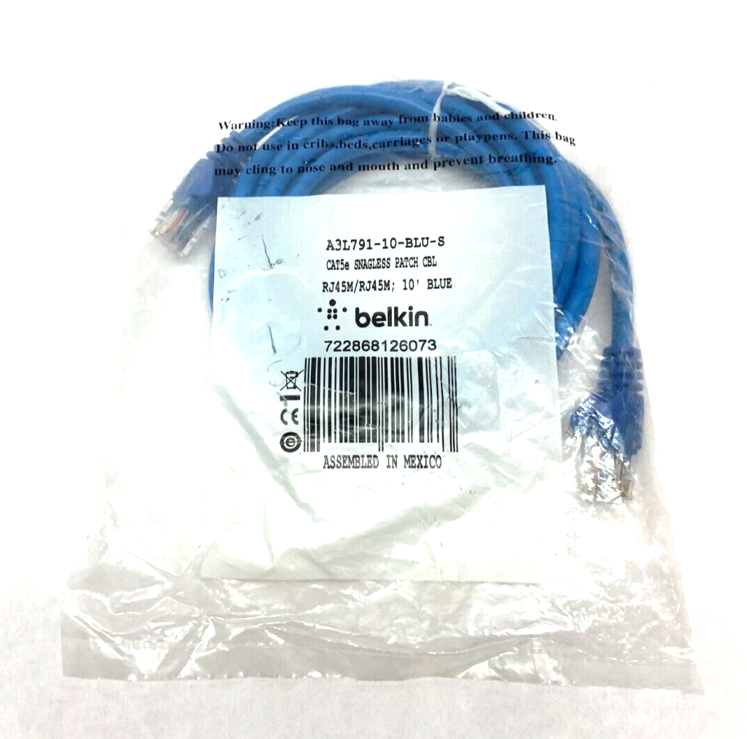 Belkin A3L791-10-BLU-S Snagless Cat5 Patch Cable RJ45 to RJ45 10' Length Blue - Maverick Industrial Sales