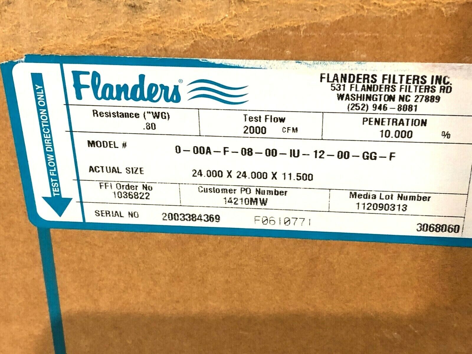Flanders 0-00A-F-08-00-IU-12-00-GG-F Air Filter 24" x 24" x 11.5" 2000 CFM - Maverick Industrial Sales