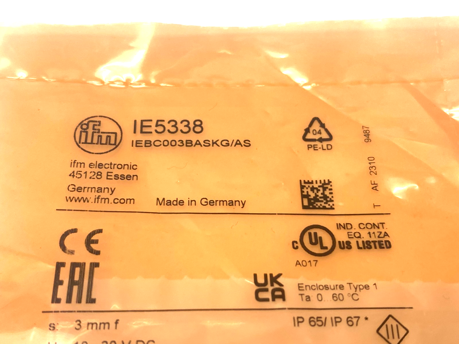 Ifm IEBC003BASKG/AS Inductive Proximity Sensor, M8 Thread, 3mm Range, IE5338 - Maverick Industrial Sales