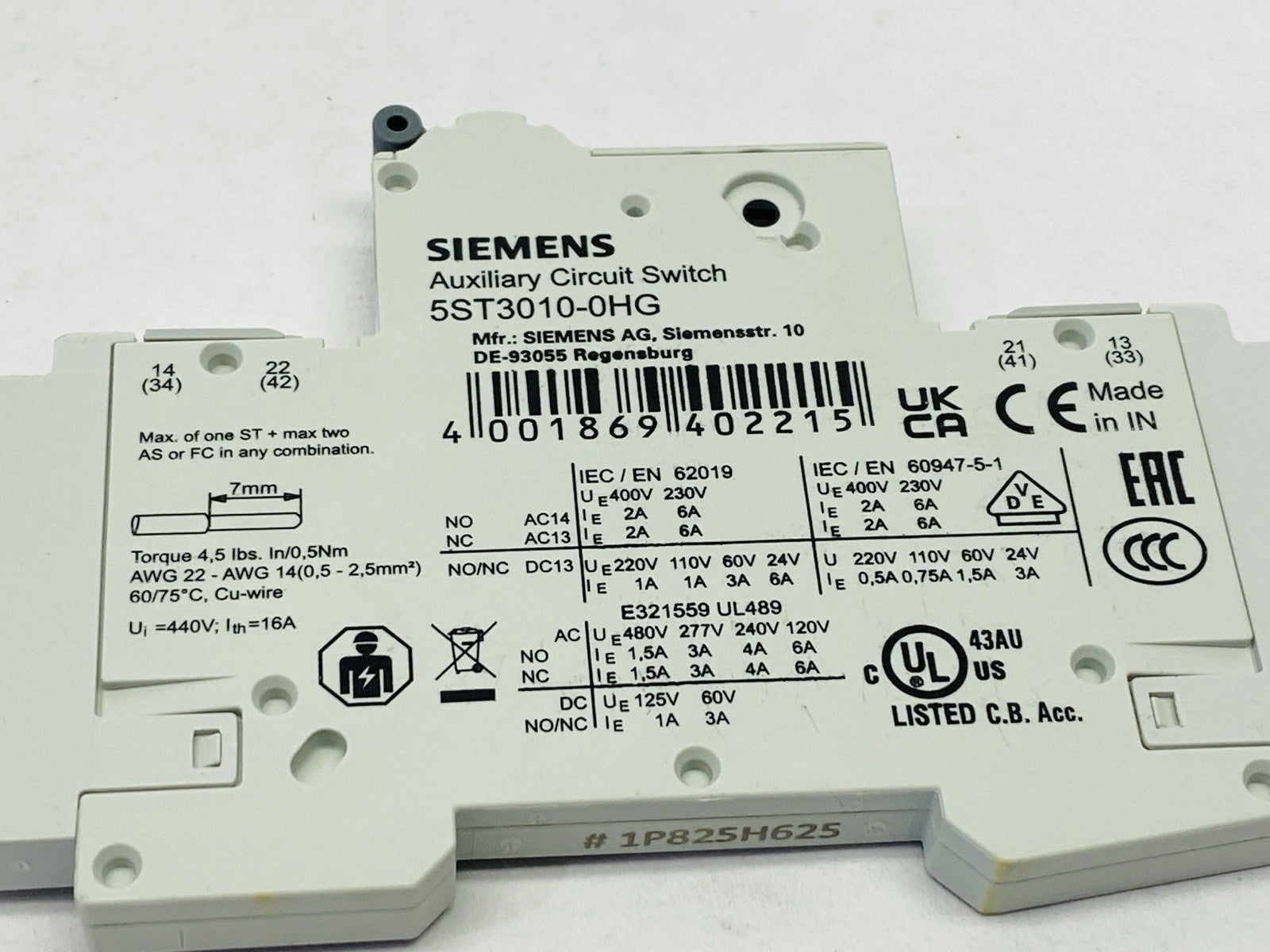 Siemens 5ST3010-0HG Auxiliary Switch 1 NO Contact + 1 NC Contact - Maverick Industrial Sales