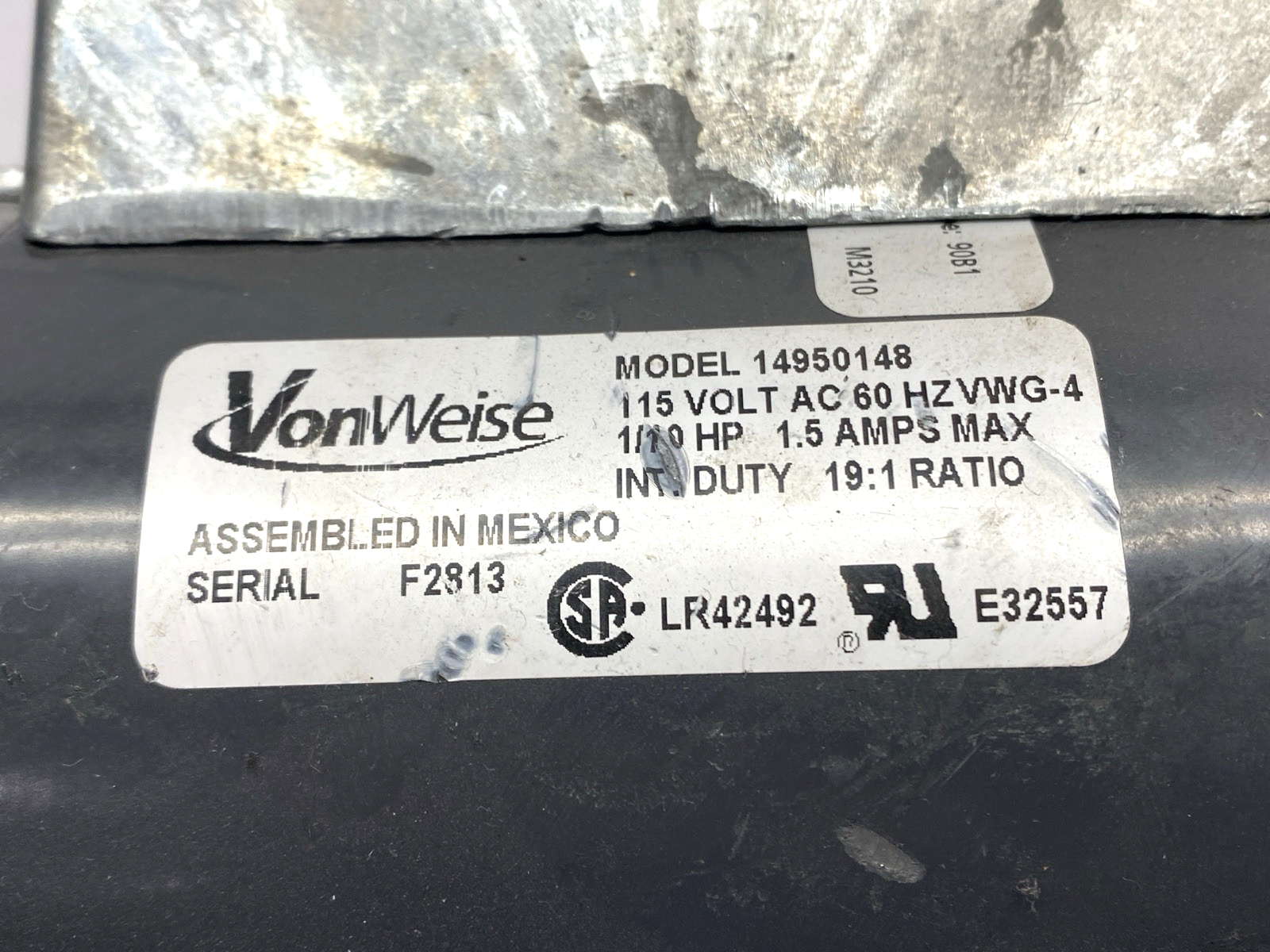 VonWeise 14950148 GearMotor 115V AC 1/10HP 1.5A 19:1 Ratio VWG-4 CUT CONNECTOR - Maverick Industrial Sales