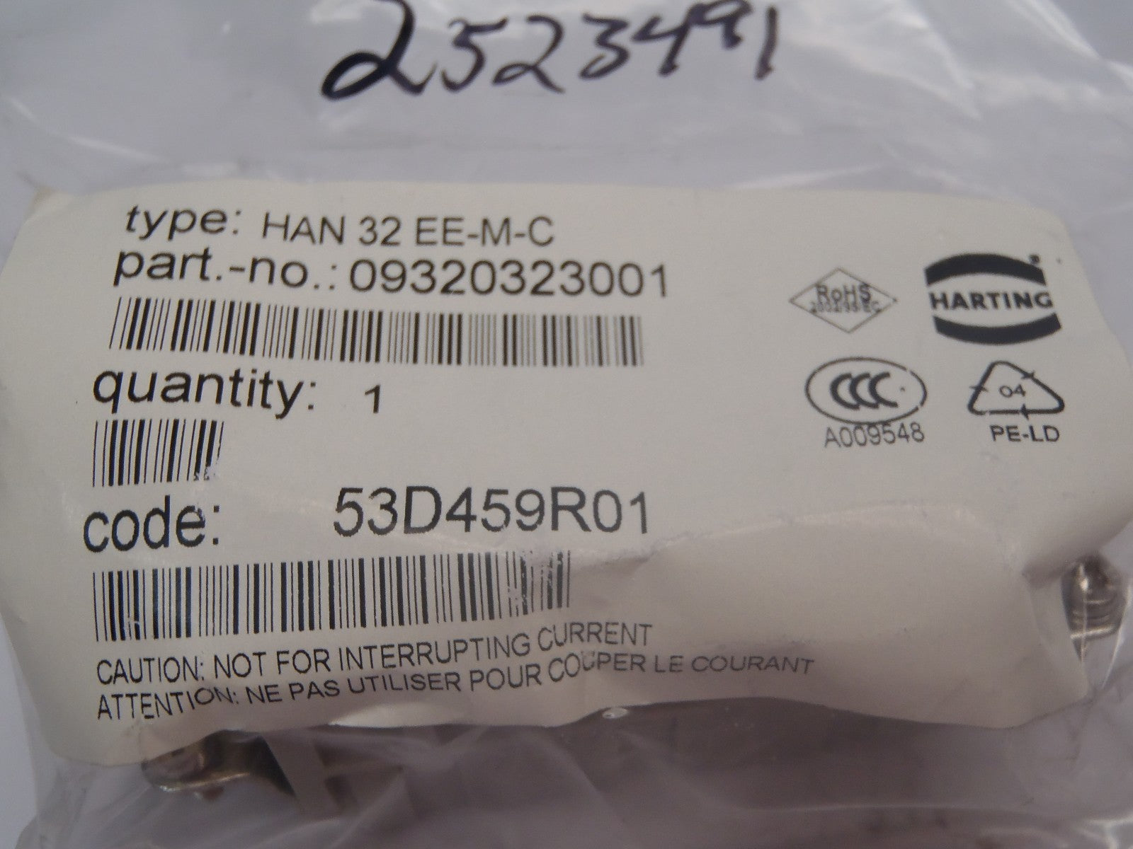 09320323001 | Harting Heavy Duty Connector Insert 16A 500V 6kV 3 HAN 32 EE-M-C - New Other - Maverick Industrial Sales