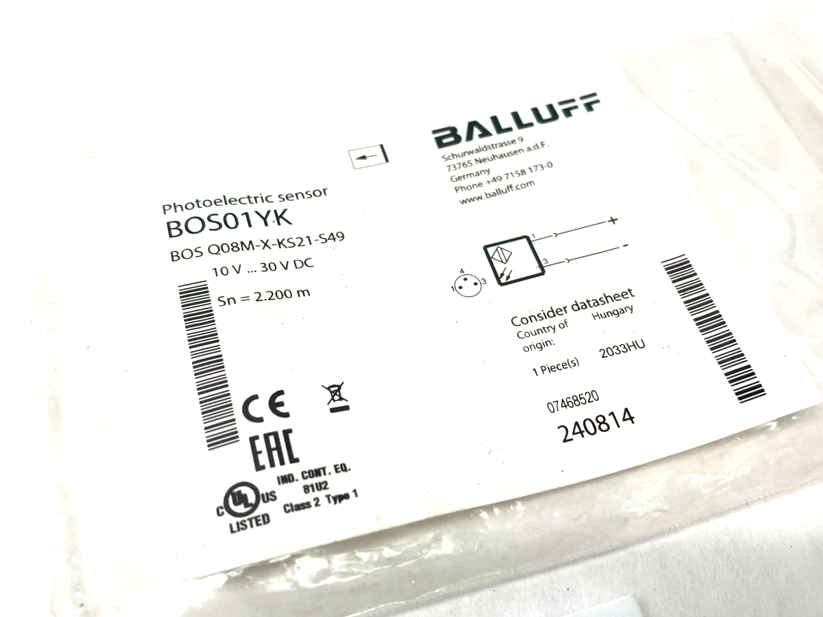 Balluff BOS01YK Square Through-Beam Photoelectric Sensor BOS Q08M-X-KS21-S49 - Maverick Industrial Sales