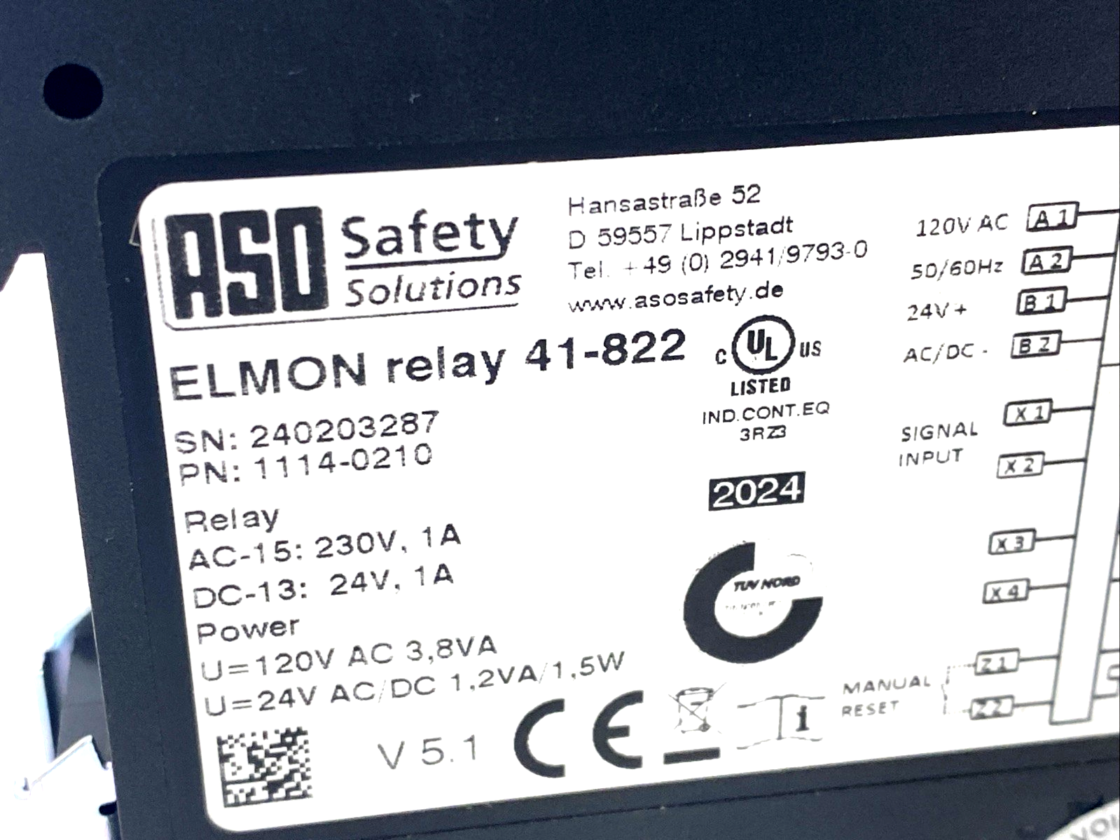 ASO Safety 1114-0210 ELMON Relay 41-822, Safety Relay 1A 24V AC/DC 120VAC - Maverick Industrial Sales