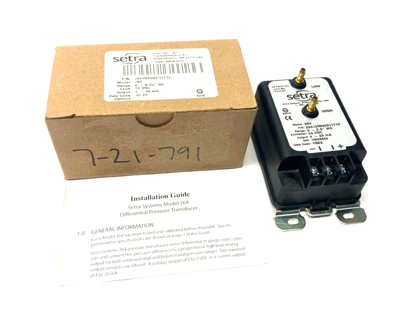 Setra 2641R25WD11T1C Pressure Transmitter Model 264 0-0.25" WC Range 24VDC - Maverick Industrial Sales