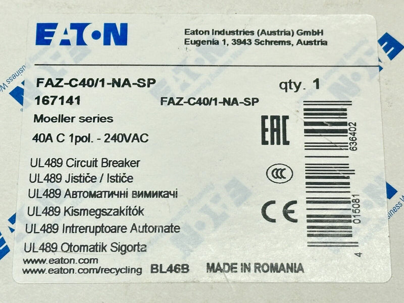 Eaton FAZ-C40/1-NA-SP Circuit Breaker 1-Pole 40A 240VAC 167141 - Maverick Industrial Sales