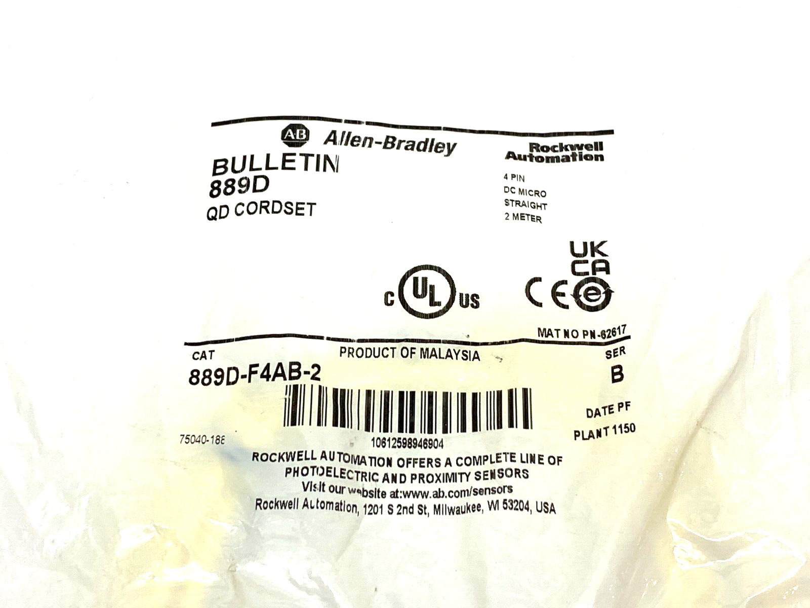 Allen Bradley 889D-F4AB-2 Ser. B Straight Micro Cable Cordset Single Ended 4-Pin - Maverick Industrial Sales
