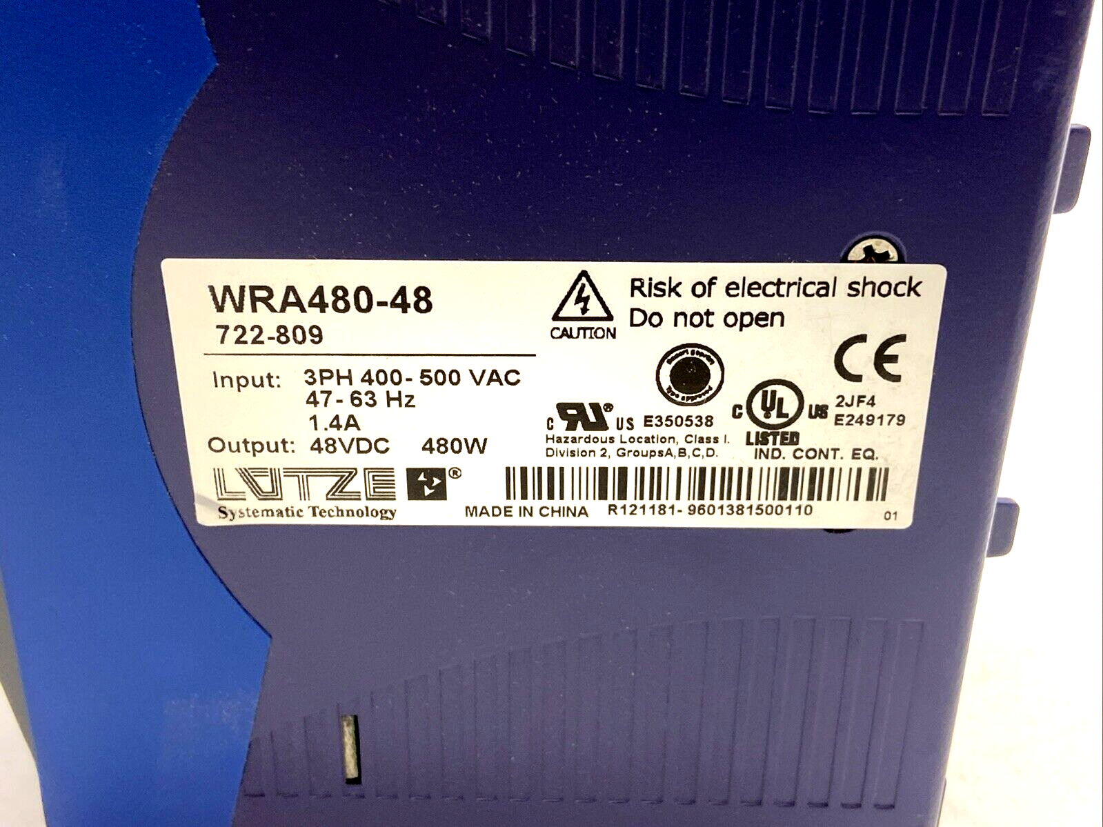 LUTZE WRA480-48 Power Supply 3-Phase 480W 48V 10A 722809 - Maverick Industrial Sales