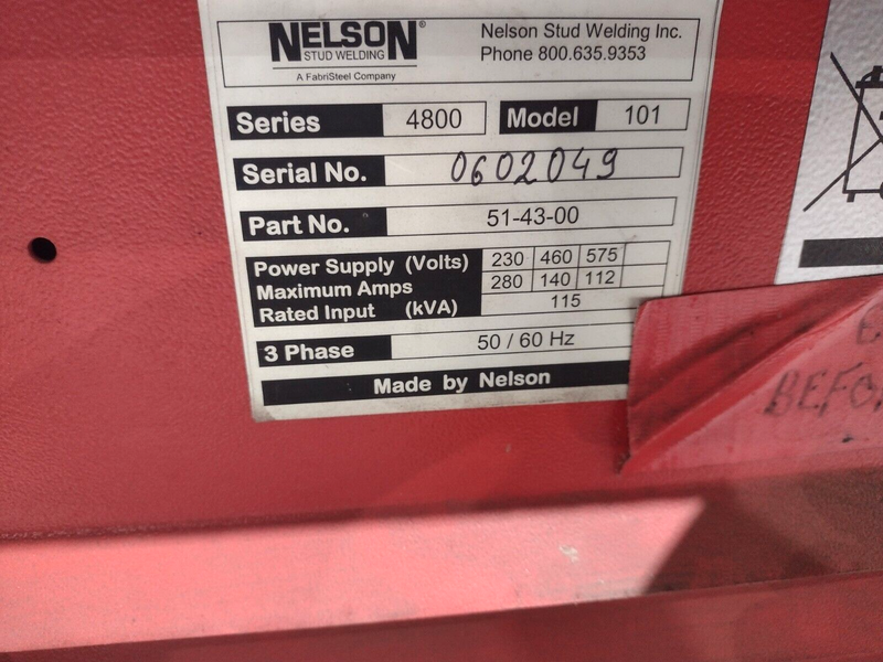 Nelson Stud Welding 51-43-00 Series 4800 Model 101 Machine 575V 3PH with SCJ1385 - Maverick Industrial Sales