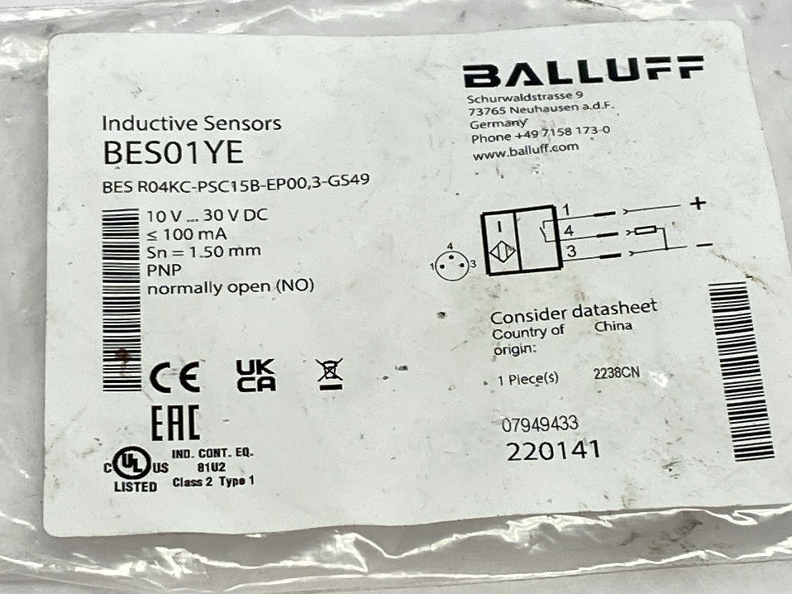 Balluff BES01YE Inductive Proximity Sensor BES R04KC-PSC15B-EP00,3-GS49 - Maverick Industrial Sales