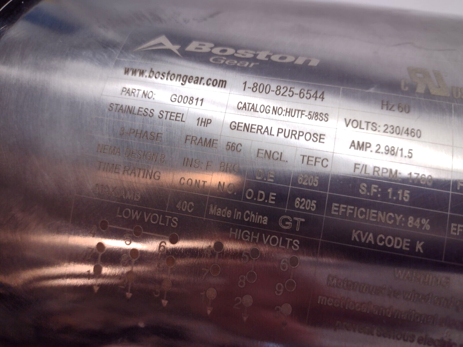 Boston Gear HUTF-5/8SS TEFC 56C IP69K 3PH 230/460V 1HP 1750 RPM S.F: 1.15 - Maverick Industrial Sales