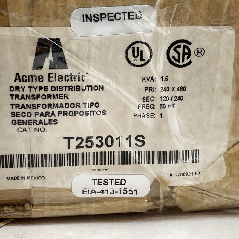 Acme Electric T253011S Transformer Pri: 240/480V Sec: 120/240V, 1PH, 1.5 KVA - Maverick Industrial Sales