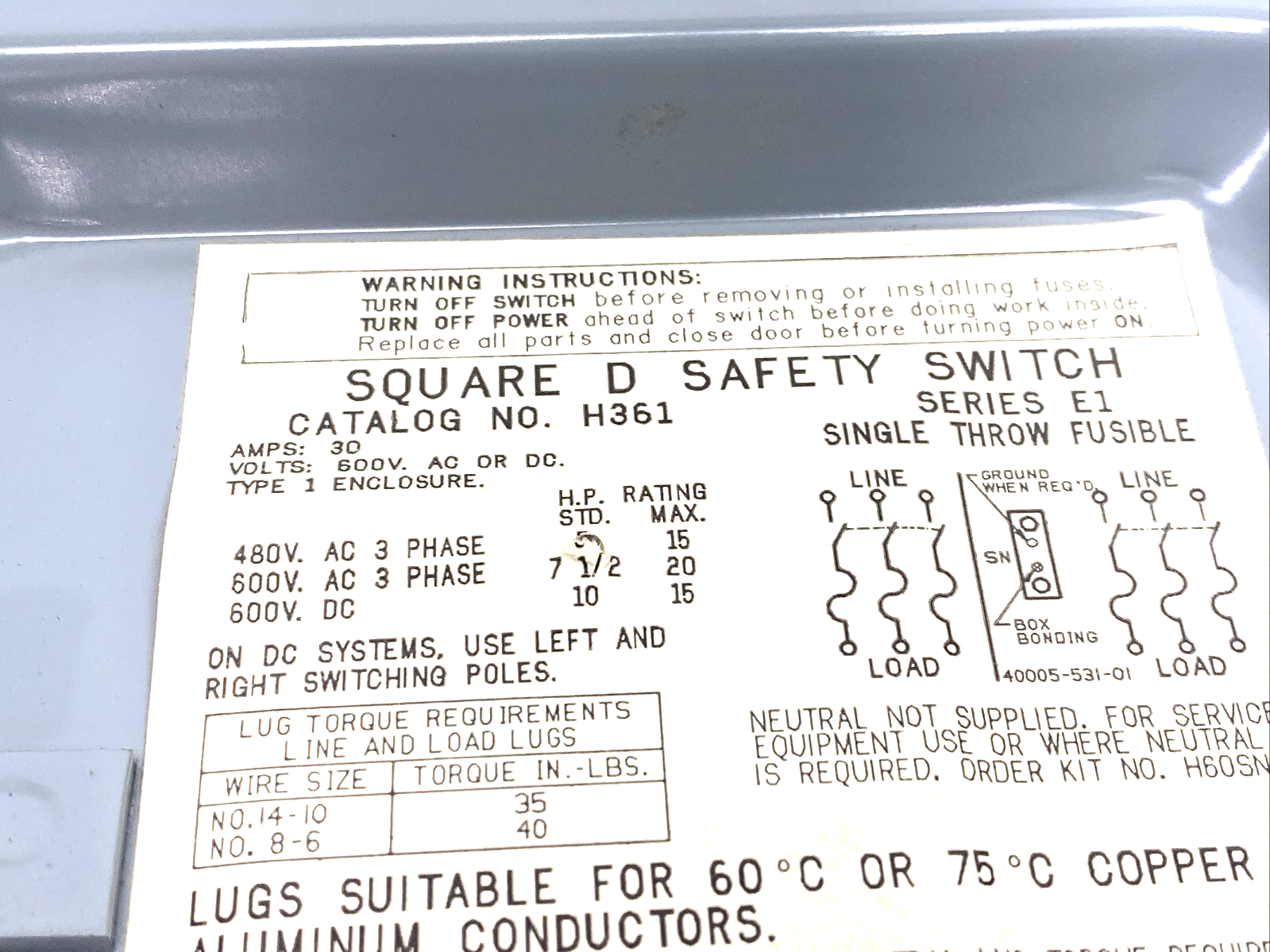 H361 | Square D Safety Switch 30A 3P 600V, Fusible, NEMA 1 20HP - Used - Maverick Industrial Sales