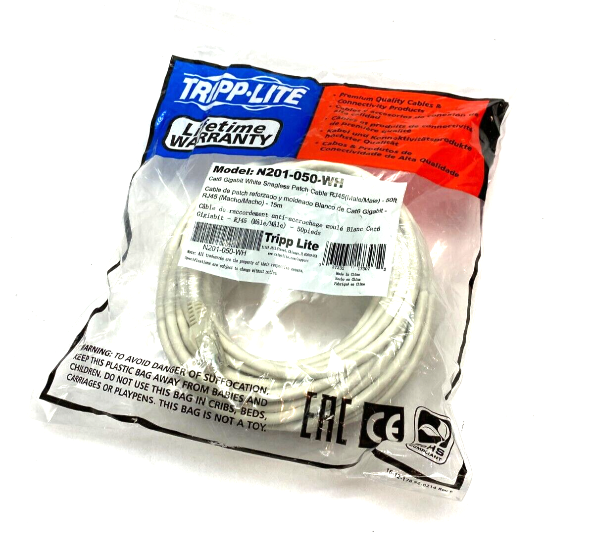 Tripp Lite N201-050-WH Cat6 Gigabit White Snagless Patch Cable RJ45 M to M 50ft - Maverick Industrial Sales