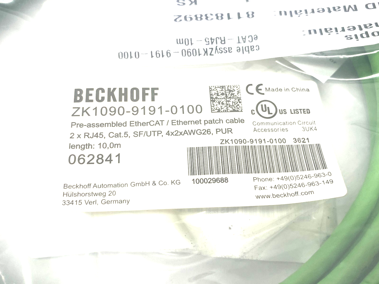 Beckhoff ZK1090-9191-0100 Ethernet/EtherCAT Patch Cable 10m 2 x RJ45 062841 - Maverick Industrial Sales