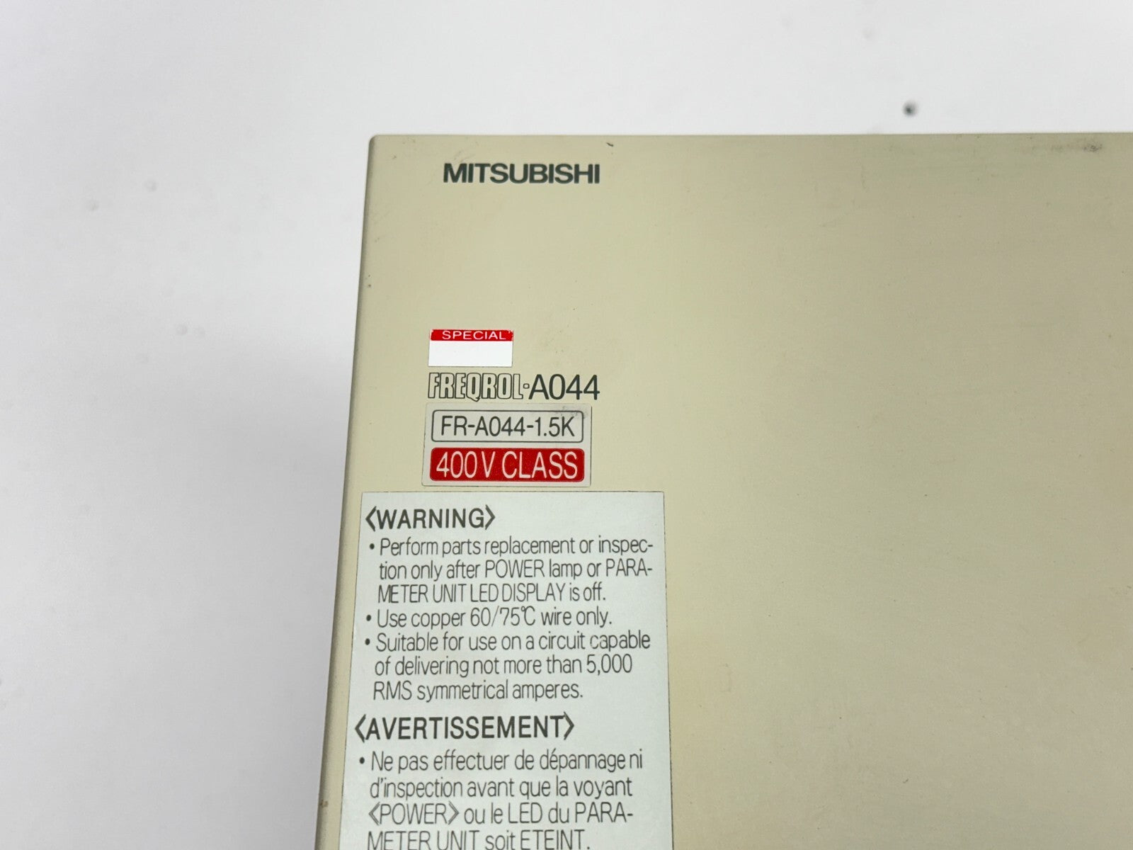 Mitsubishi FR-A044-1.5K-CD AC Drive 4A 2HP 3PH w/ FR-PU03E Parameter Unit - Maverick Industrial Sales