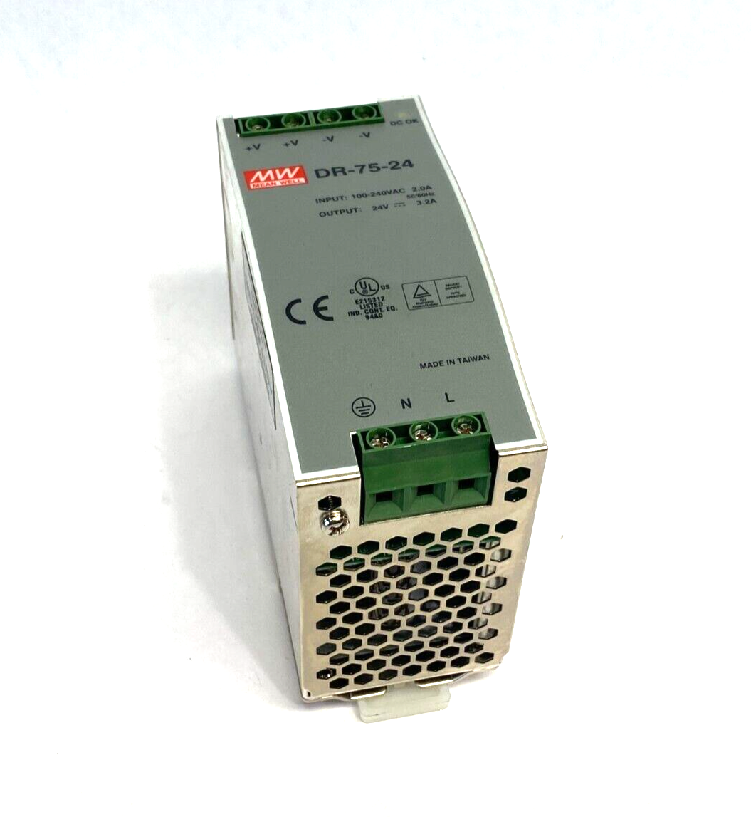 Meanwell DR-75-24 Power Supply DIN Rail Mount 100-240VAC 2.0A Input 24V Output - Maverick Industrial Sales