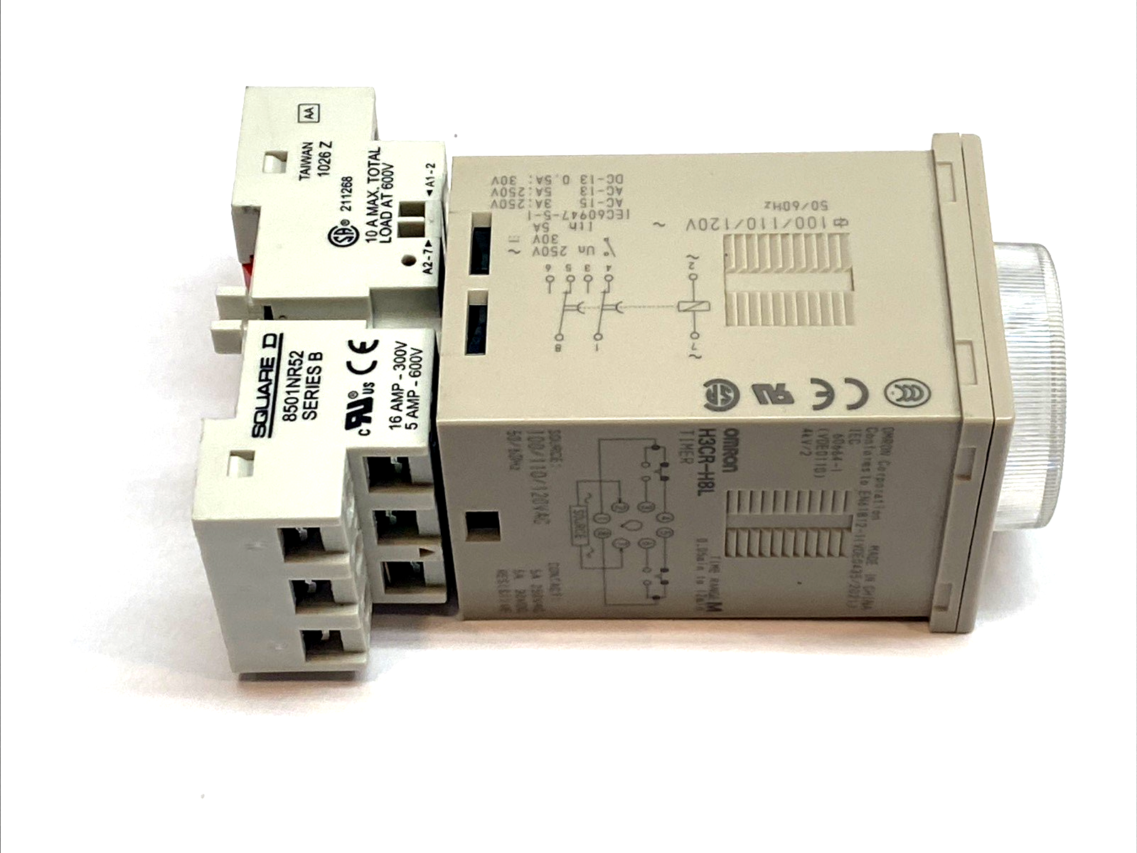 H3CR | Omron Timer w/ Square D 8501NR52 8‑pin Relay Socket DIN Rail Mount - Used - Maverick Industrial Sales