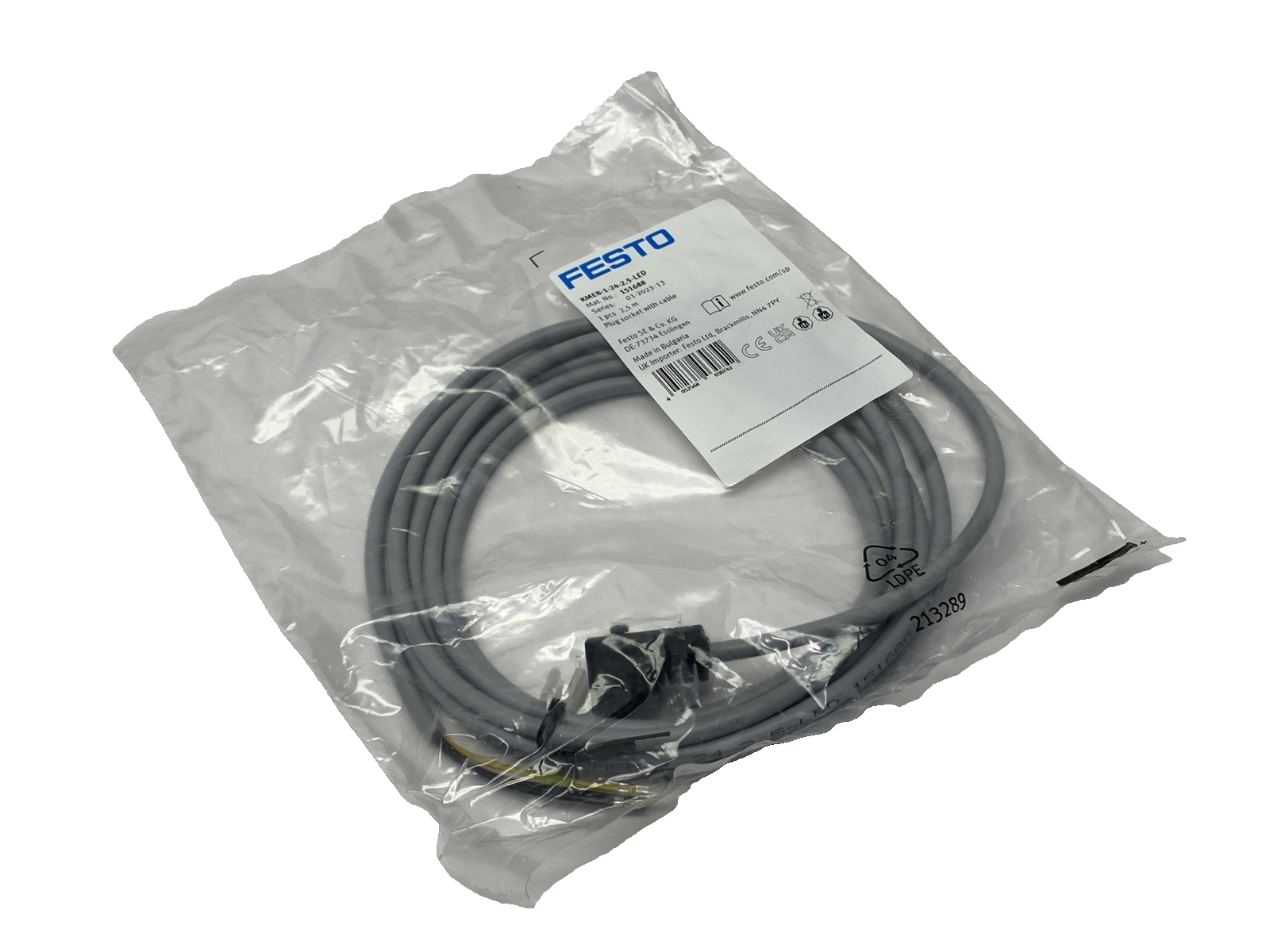 KMC-1-24-2.5-LED, 151688 | Festo KMC-1-24-2.5-LED Plug Socket w/ Cable ...