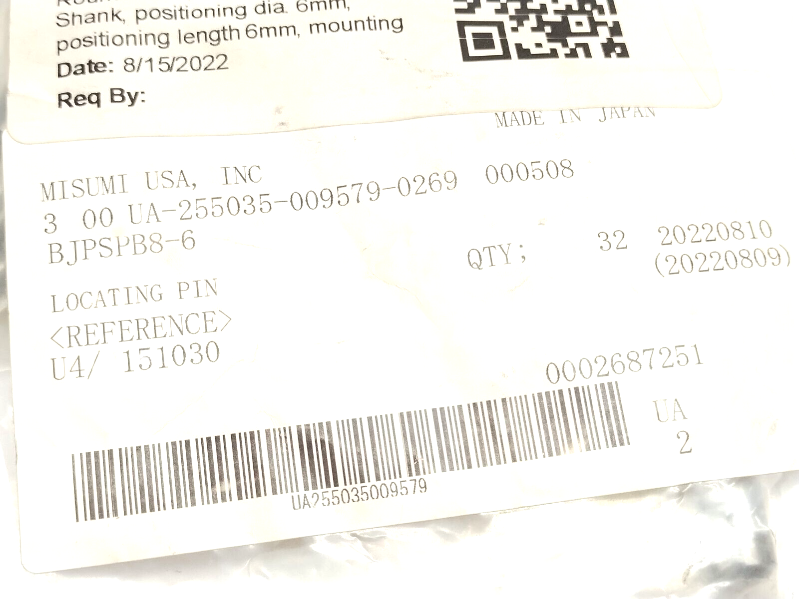 MiSUMi BJPSPB8-6 Round Head Locating Pin, Tapered, Straight Shank 6mm OD 32 PACK - Maverick Industrial Sales