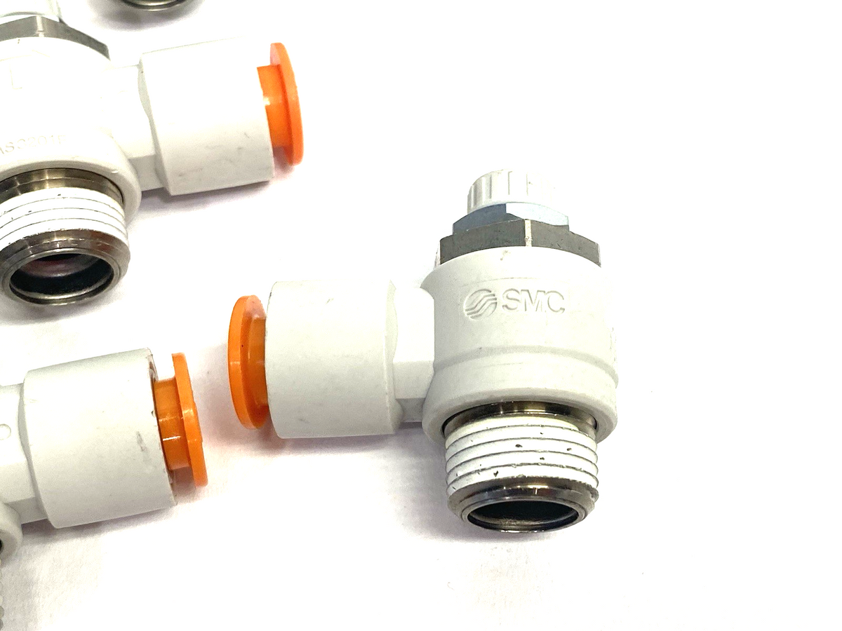 SMC AS3201F-N03-11 Pneumatic Flow Control Elbow Fitting 3/8" Tube OD, LOT OF 7 - Maverick Industrial Sales