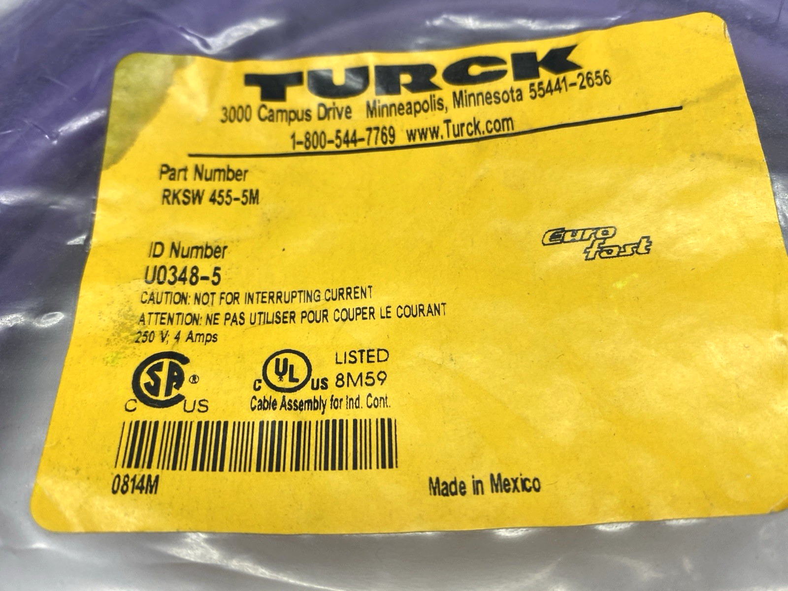 Turck RKSW 455-5M Single-Ended 5-Pin M12 Female Connector Cordset U0348-5 - Maverick Industrial Sales