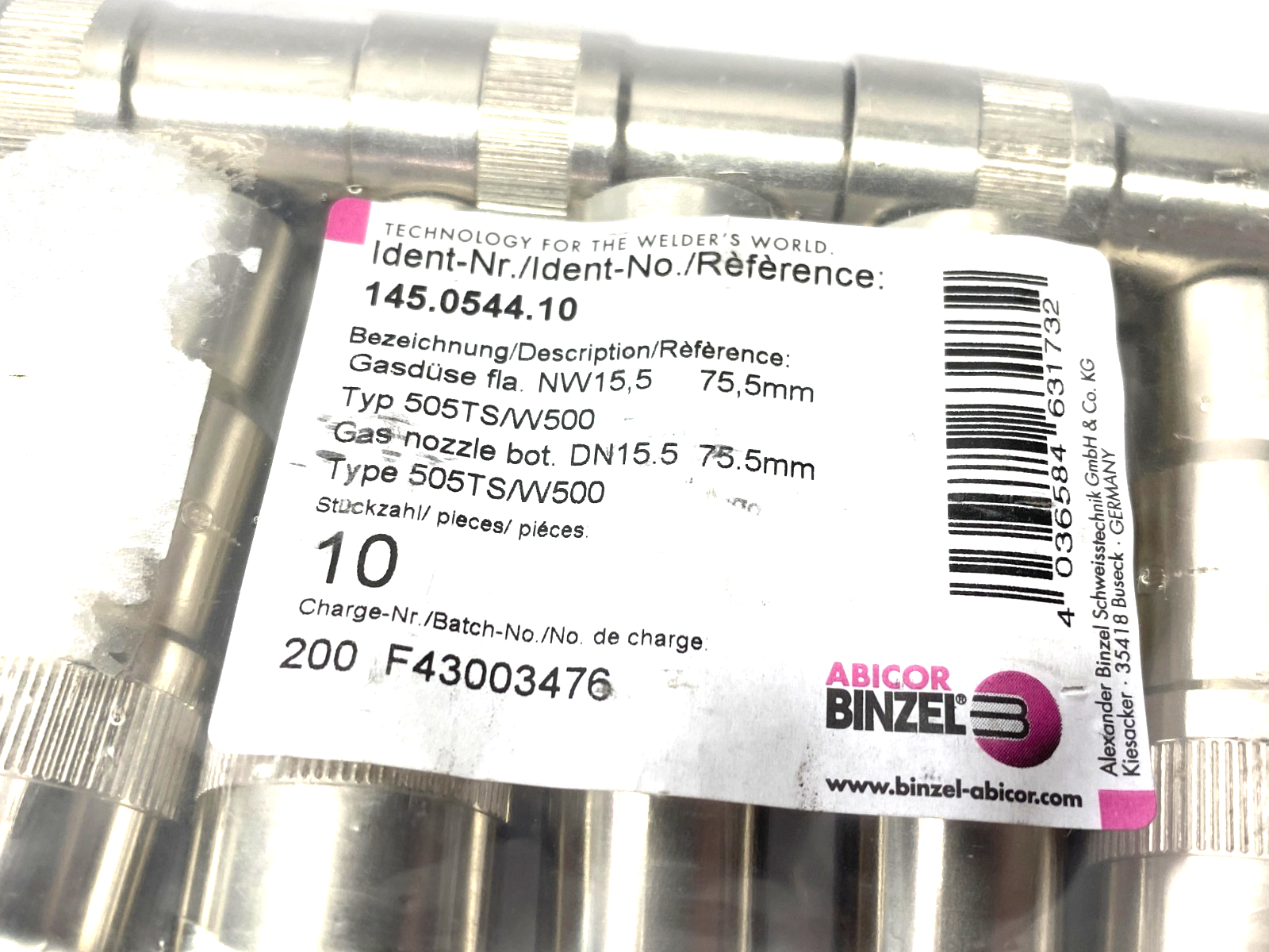 Abicor Binzel 145.0544 Gas Nozzle Robo C-Thread Bfm 15.5 x 75.5 PKG OF 10 - Maverick Industrial Sales