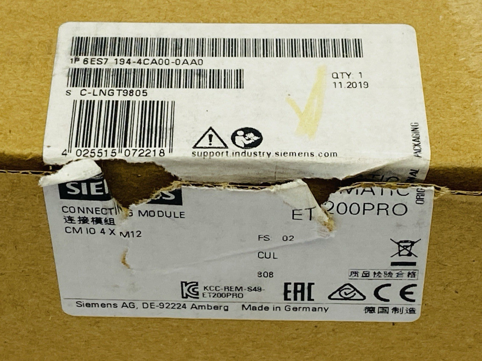 Siemens 6ES7194-4CA00-0AA0 SIMATIC ET 200PRO Connecting Module - Maverick Industrial Sales