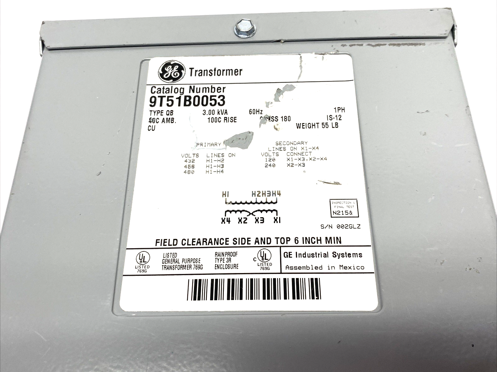 9T51B0053 | ABB General Electric Transformer 1C,3kVA,480(-2 5%)-120/240,100C,3R,QB - Used - Maverick Industrial Sales