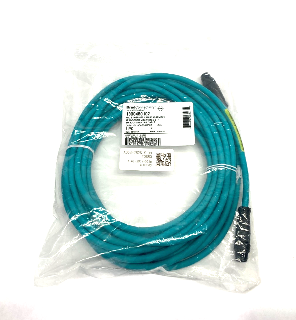 1300480102 | Brad Woodhead Molex Ethernet Cable M12 4P D-Coded E11A06004M080 - New - Maverick Industrial Sales