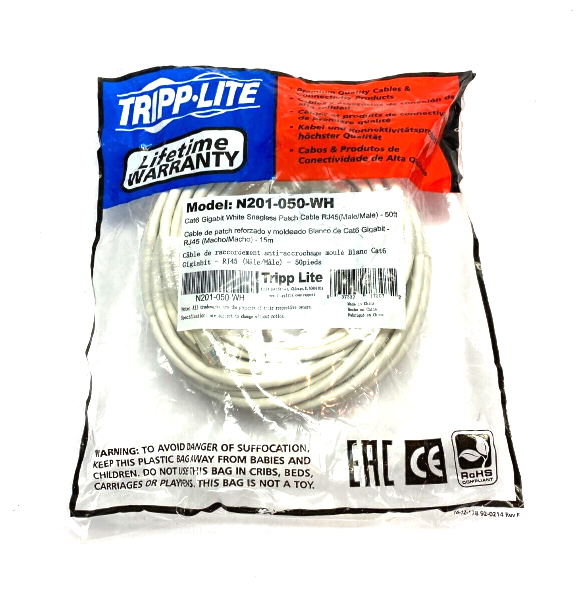 Tripp Lite N201-050-WH Cat6 Gigabit White Snagless Patch Cable RJ45 M to M 50ft - Maverick Industrial Sales