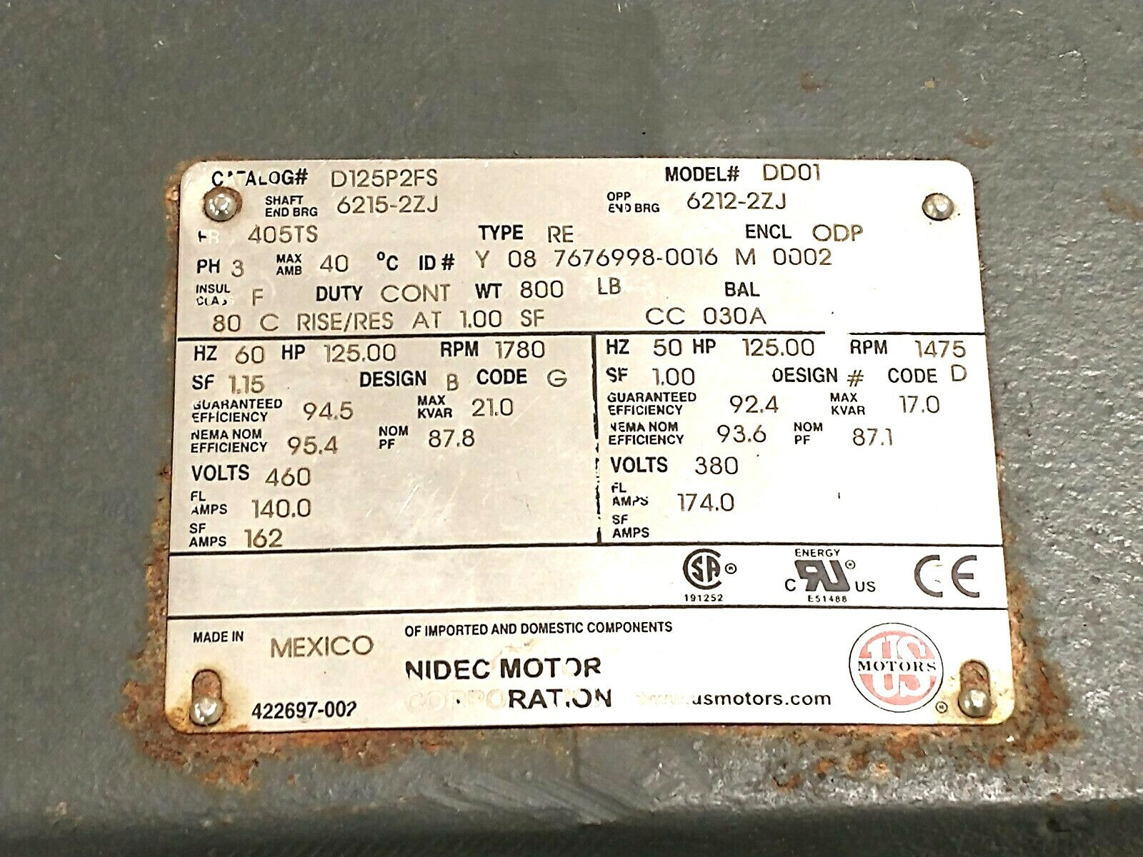 Nidec Motor Corp. D125P2FS DD01 Three-Phase General Purpose Motor 125HP 1780RPM - Maverick Industrial Sales