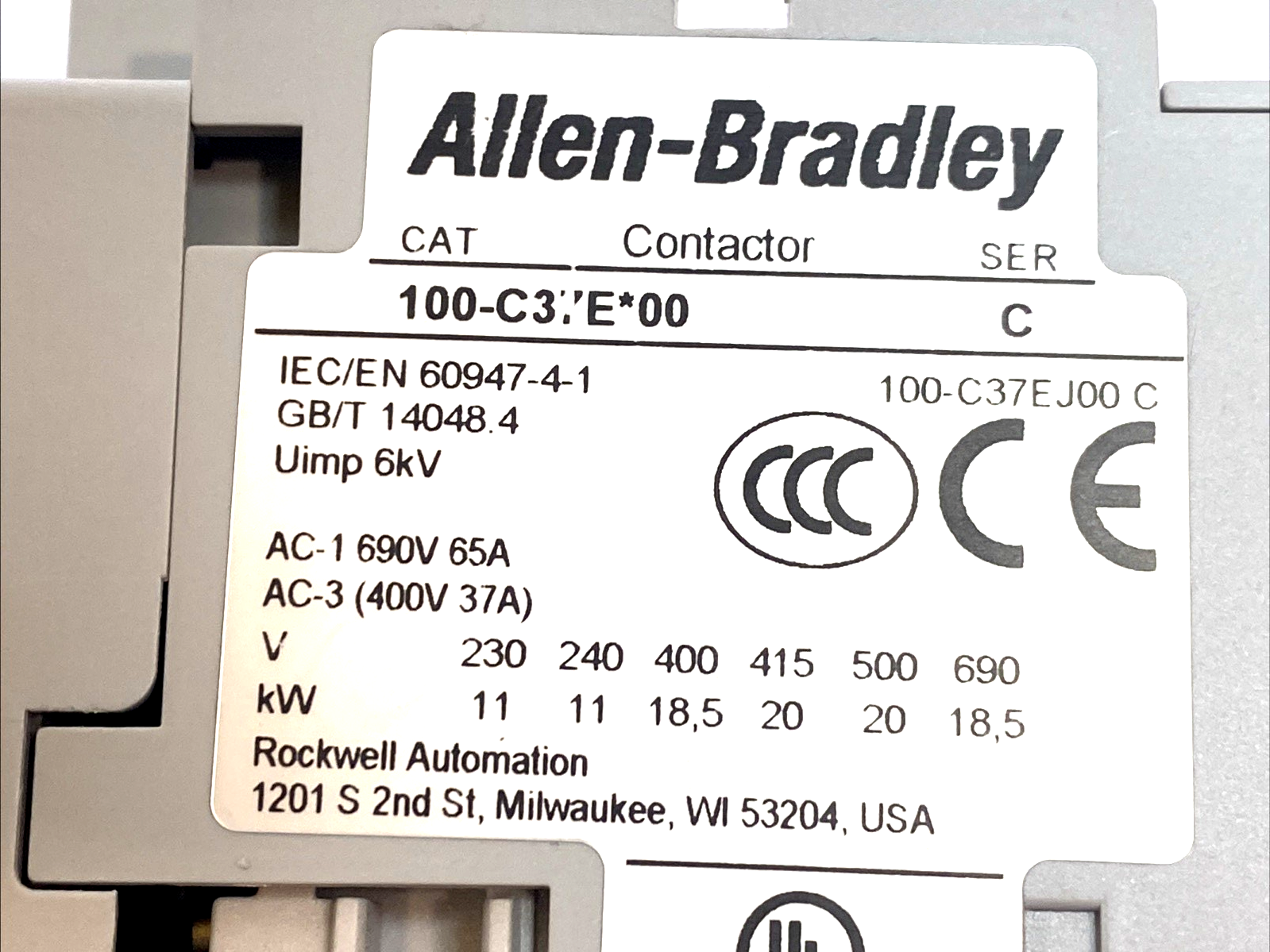 100-C37EA00 | Allen Bradley IEC Contactor 37A 3-Pole 24VDC SER. C - Used - Maverick Industrial Sales