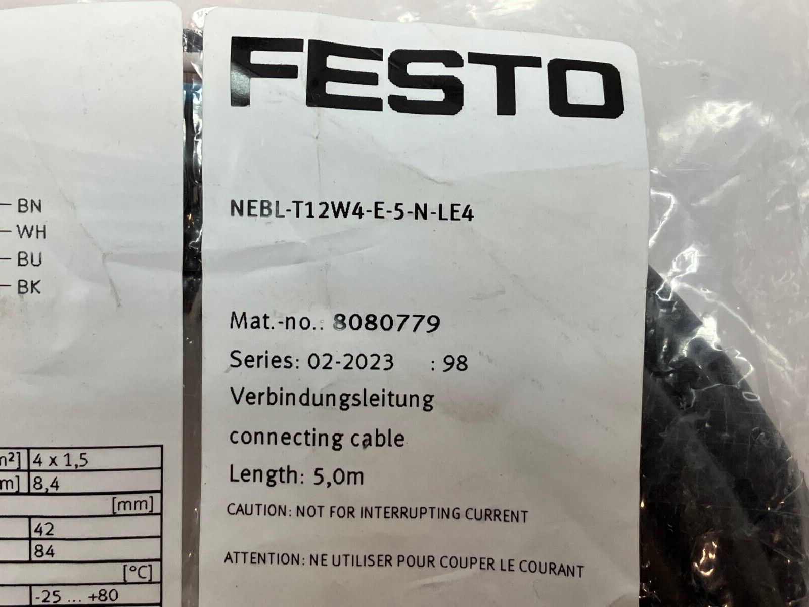 Festo NEBL-T12W4-E-5-N-LE4 Connecting Cable Angled M12 Socket T Code 5m 8080779 - Maverick Industrial Sales