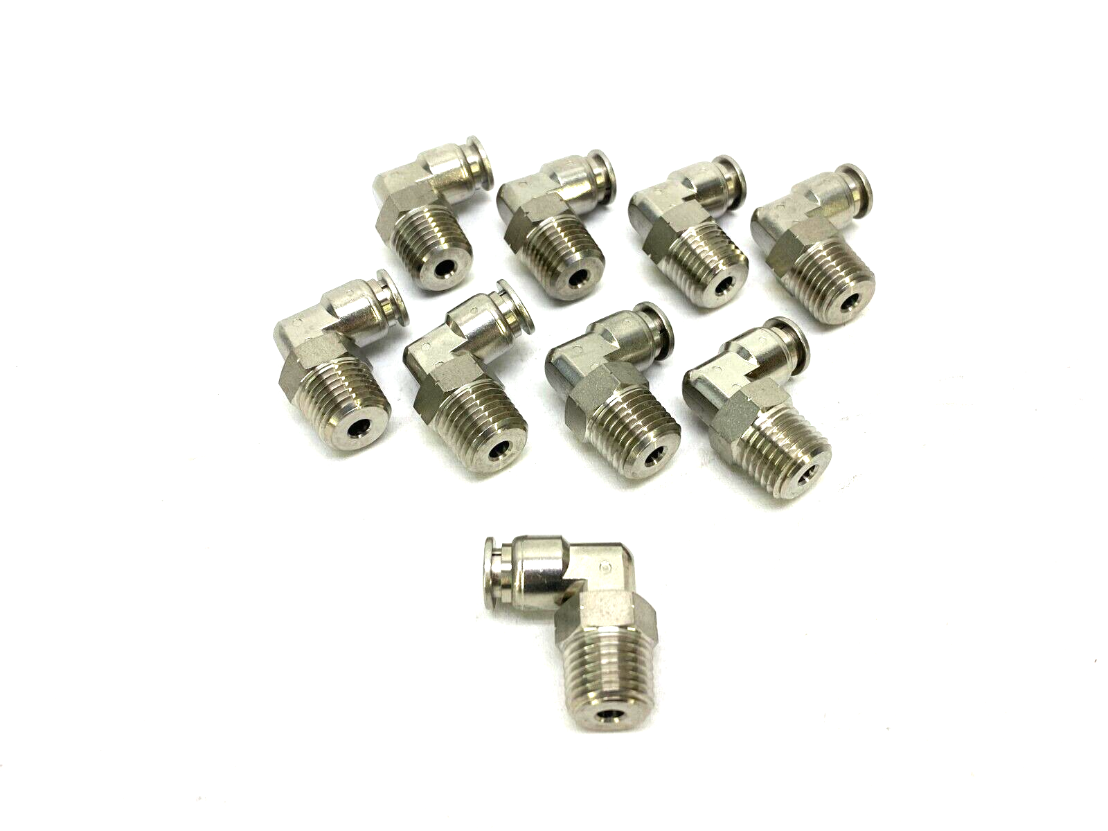Stainless Steel Swivel Snap-Connect Elbow Fitting 1/4" OD to 1/4" NPT LOT OF 9 - Maverick Industrial Sales