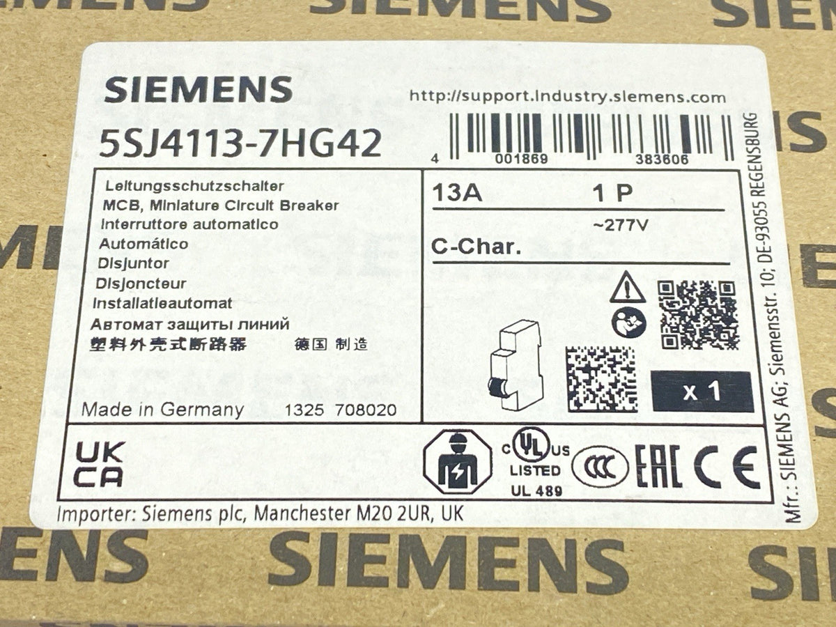 5SJ4113-7HG42 | Siemens Miniature Circuit Breaker 1P 13A 277V - New - Maverick Industrial Sales