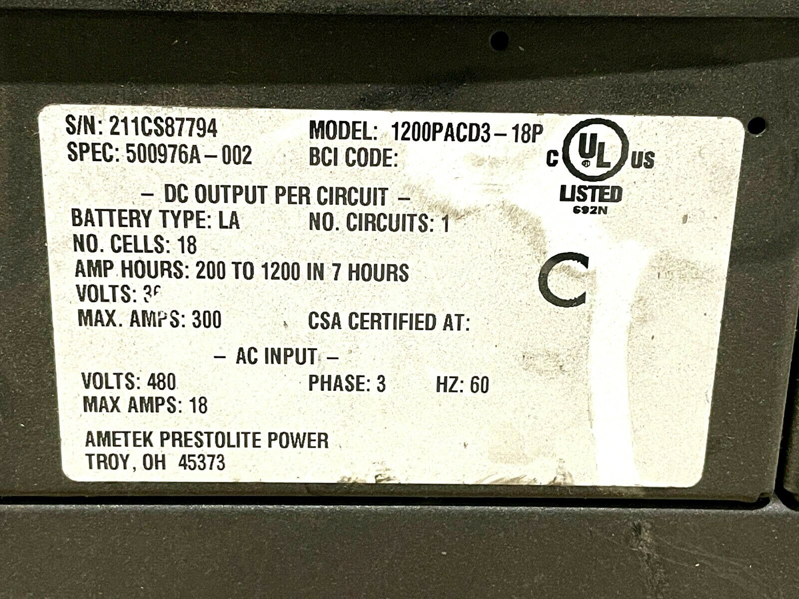 Ametek 1200PACD3-18P Prestolite Power Battery Charger EC2000 - Maverick Industrial Sales