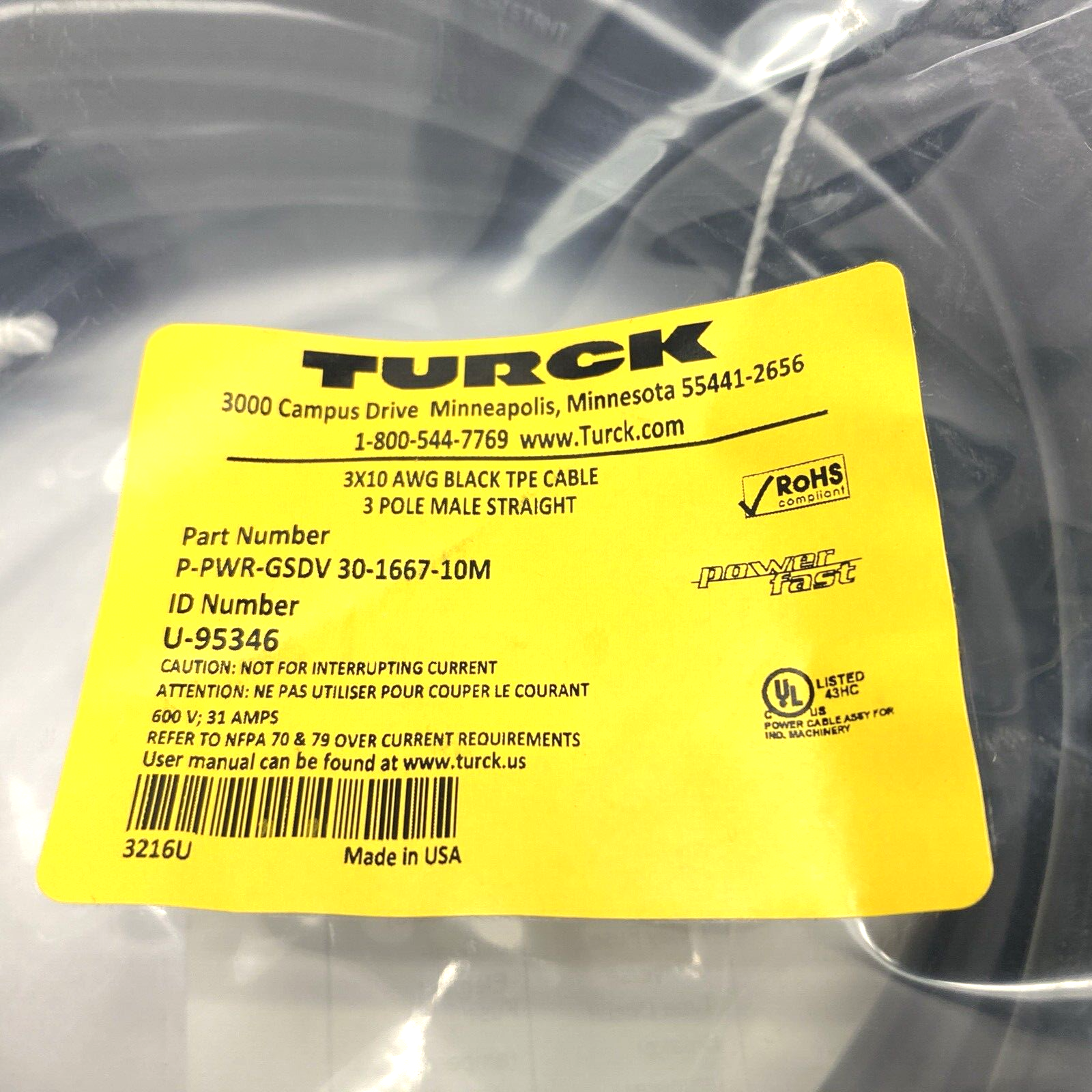 P-PWR-GSDV 30-1667-10M | Turck Powerfast Straight Male Cable 3-pin U-95346 - New - Maverick Industrial Sales