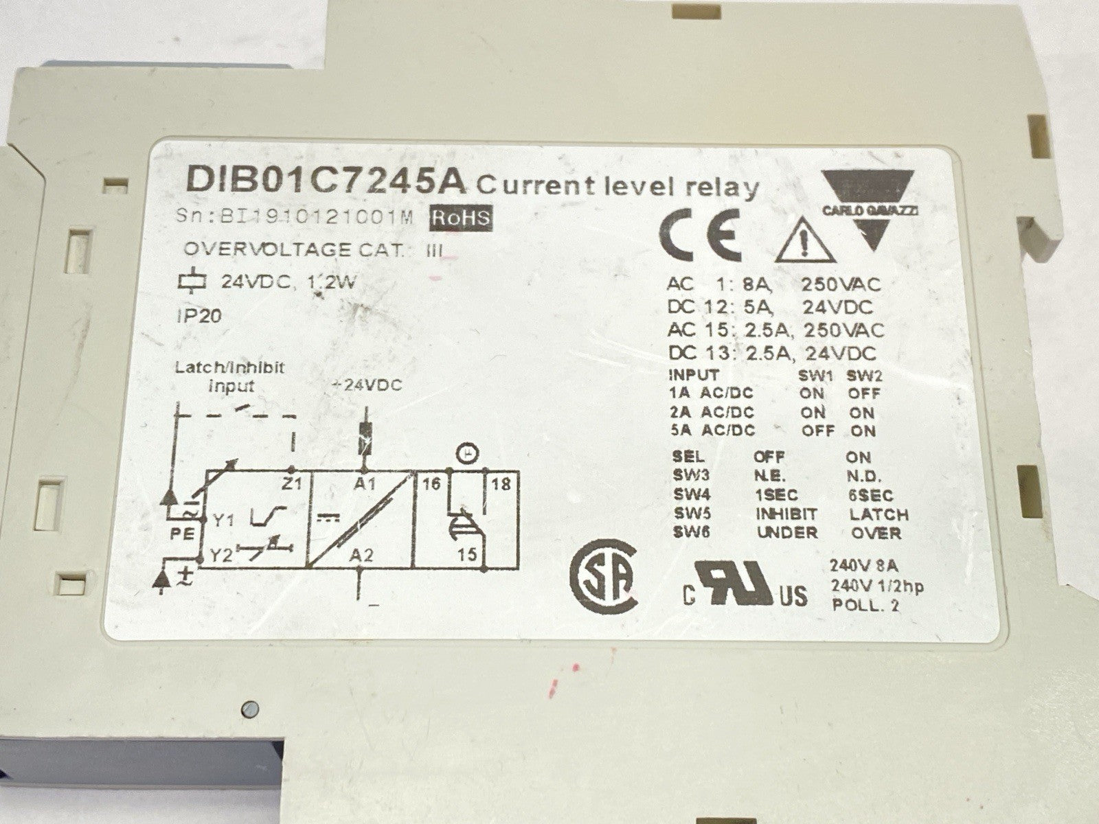 DIB01C7245A | Carlo Gavazzi Current Level Relay 0.1-5A - Used - Maverick Industrial Sales