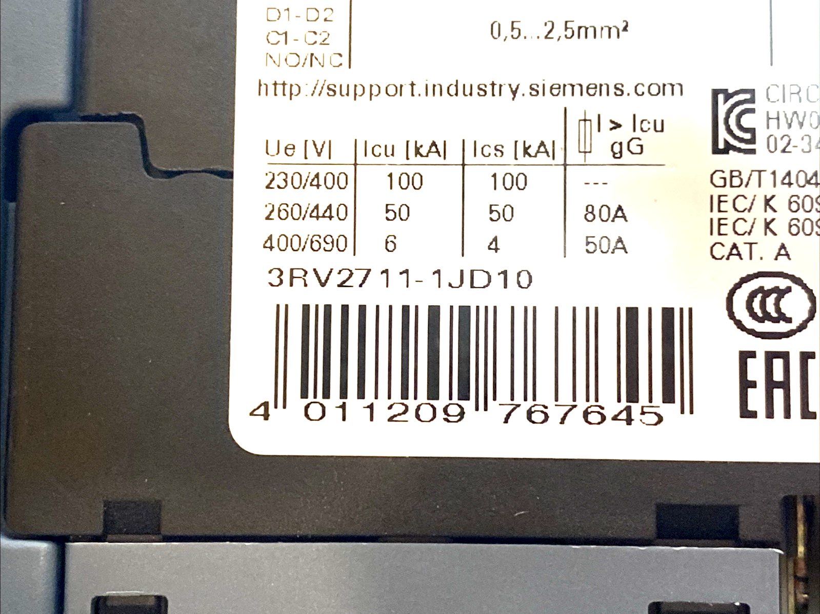 Siemens 3RV2711-1JD10 S00 Frame Circuit Breaker 10A/130A Screw Terminals - Maverick Industrial Sales