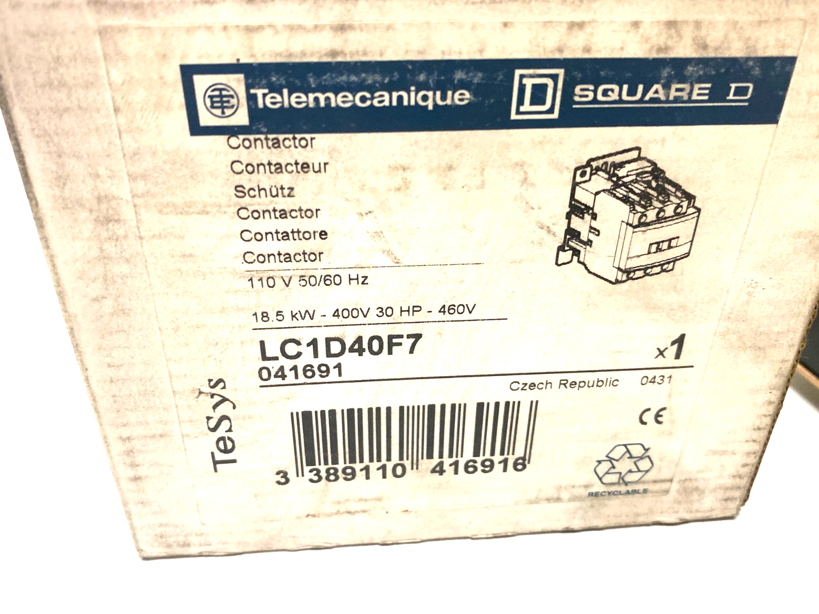Square D Telemecanique LC1D40F7 TeSys Nonreversing IEC Contactor 3-Pole 40A - Maverick Industrial Sales