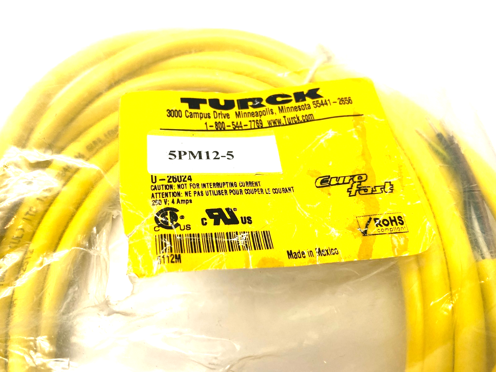 Turck RKC 4.5T-5/CS10288 Eurofast Single Ended Cordset 5-Pin M12, U-26024 - Maverick Industrial Sales
